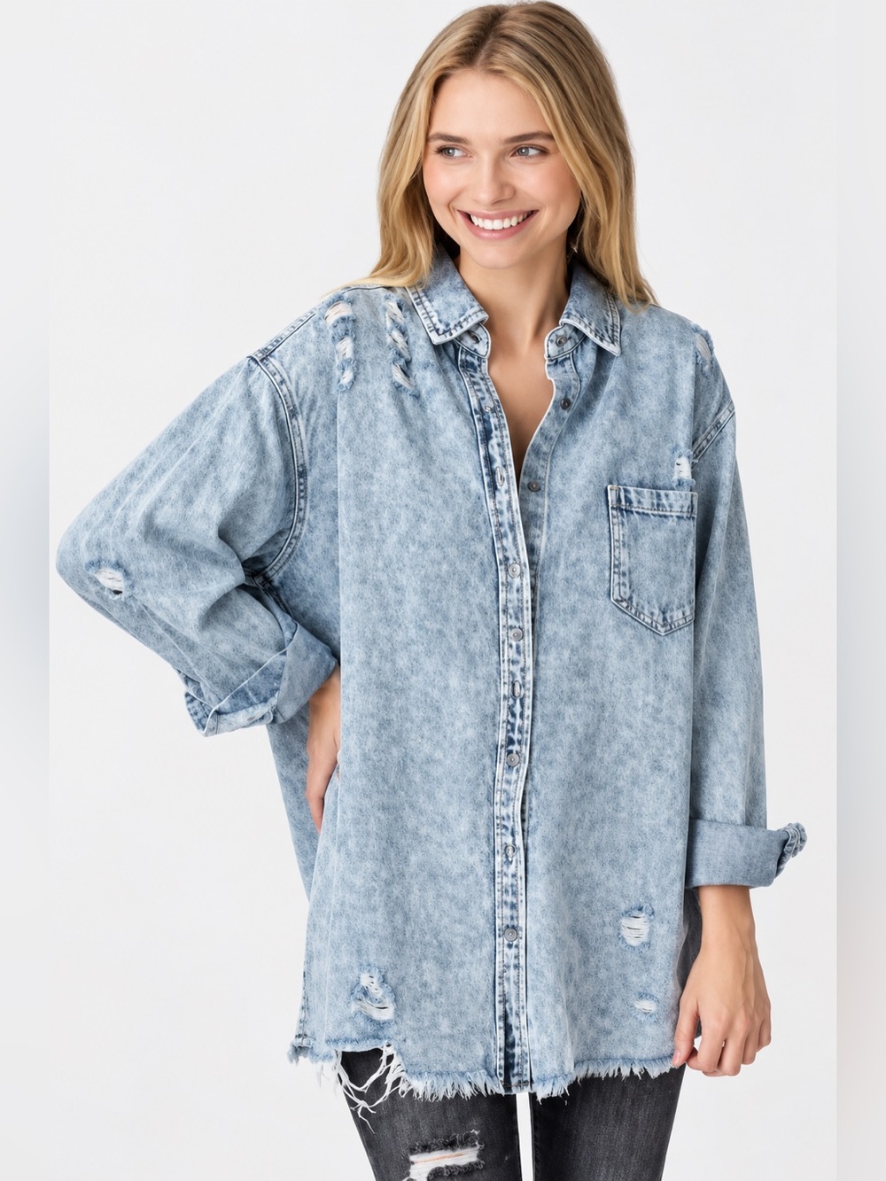 Risen Relaxed Fit Light Blue Distressed Denim Button-Down Shirt